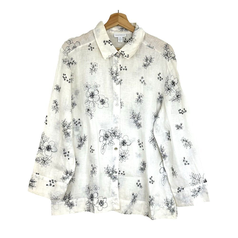 CHARTER CLUB Blouse White Embroidered Floral Linen Long Sleeve Size‎ 16